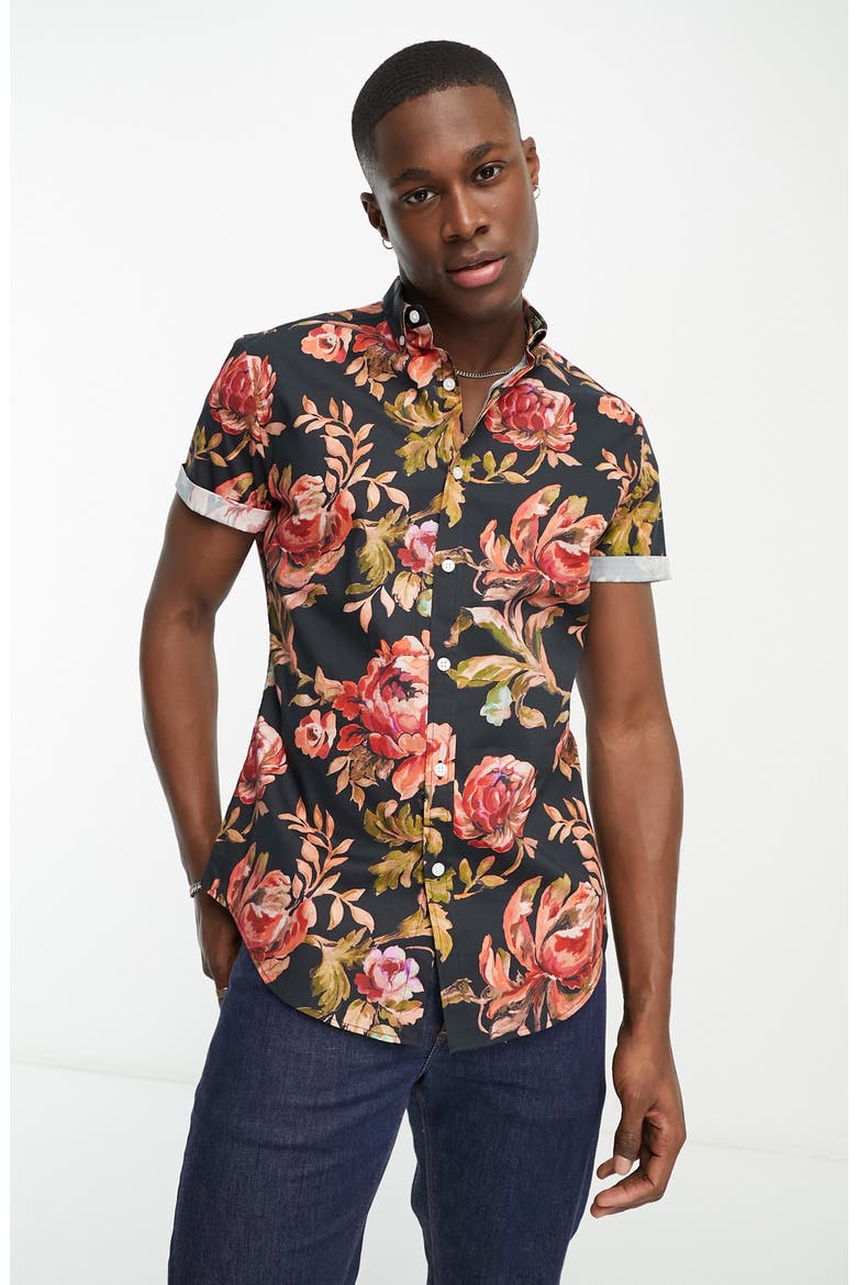 Slim Fit Floral Short Sleeve Stretch Cotton Button-Down Shirt, Main, color, BLACK