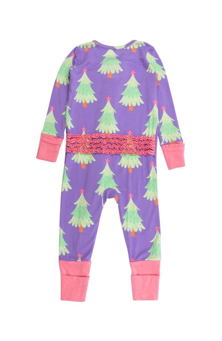 RuffleButts Baby Girls SoftSnooze Convertible Ruffle One Piece Pajama, Alternate, color, Purple Twinkling Trees