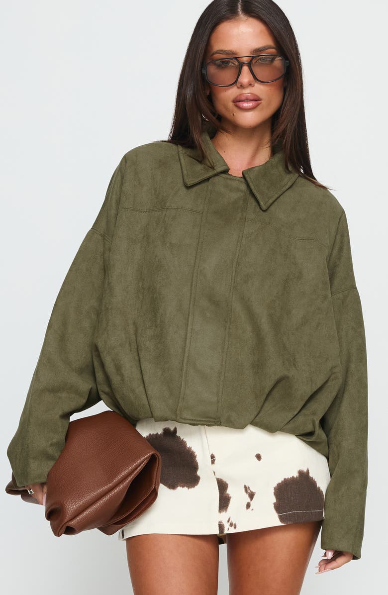 Princess Polly Enlightened Faux Suede Bomber Jacket, Alternate, color, Khaki