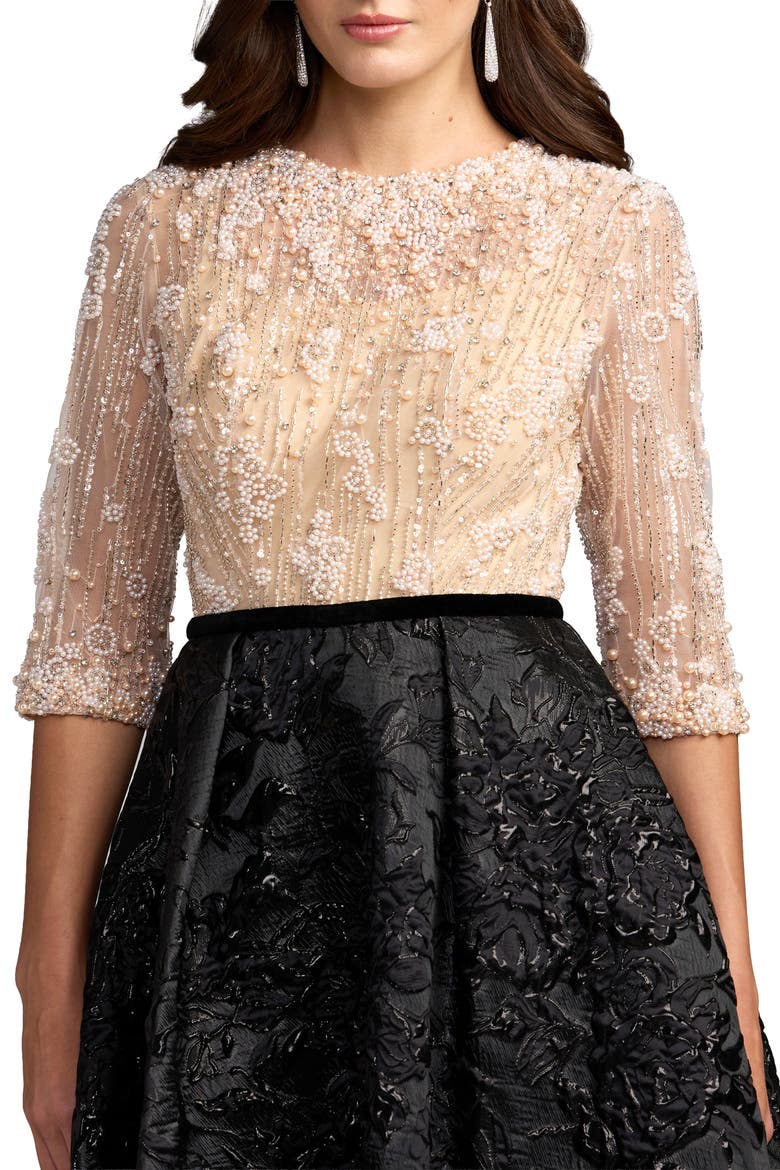 Embellished Brocade Gown With 3/4 Sleeves, Alternate, color, Beige Black