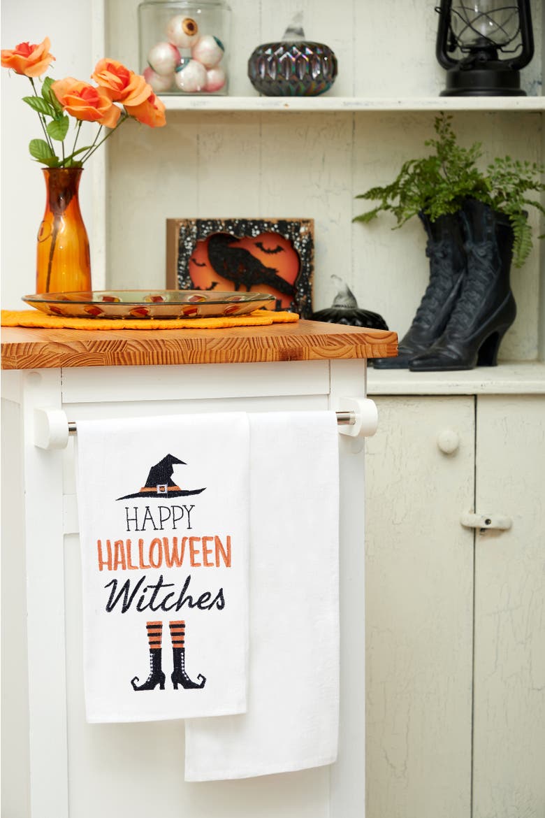 Happy Halloween Witches Cotton Embroidered Flour Sack Kitchen Dishtowel, Alternate, color, White