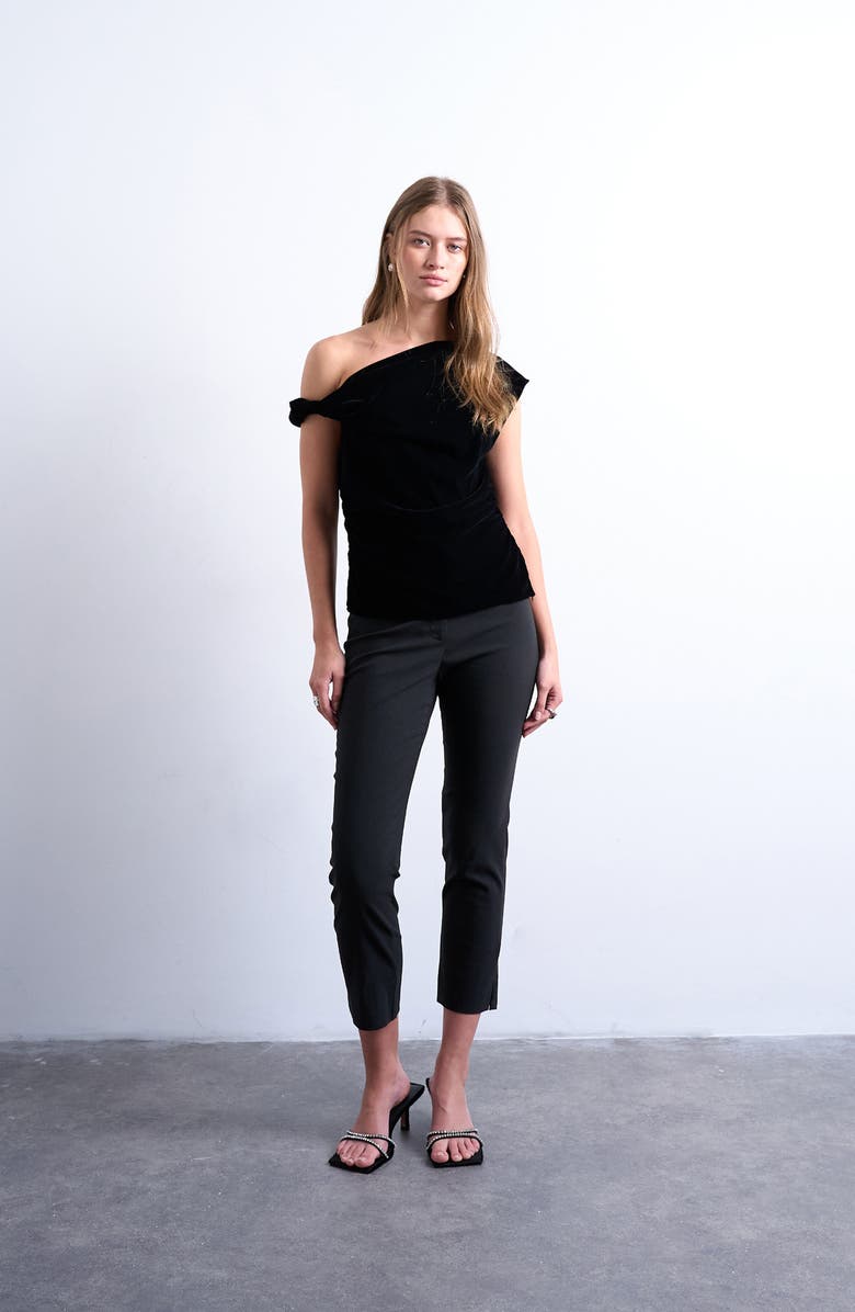 Topshop Twist One-Shoulder Velvet Top, Alternate, color, Black