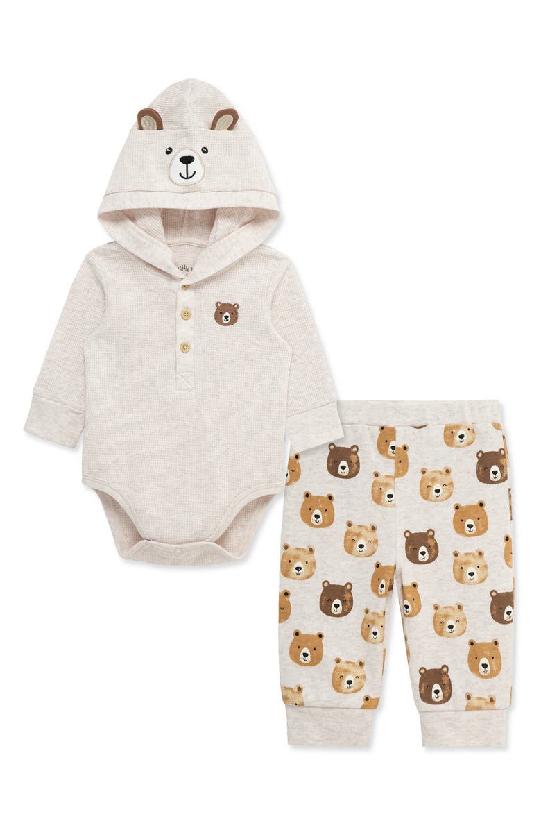 Little Me Bear Hooded Bodysuit & Joggers Set, Alternate, color, Oatmeal