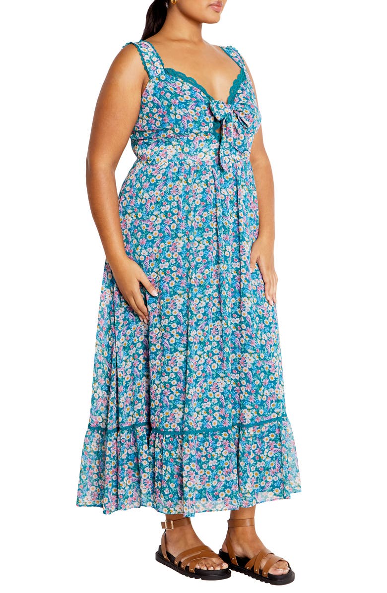 City Chic Lidia Tie Front Lace Trim Maxi Dress, Alternate, color, Ditsy Swirl