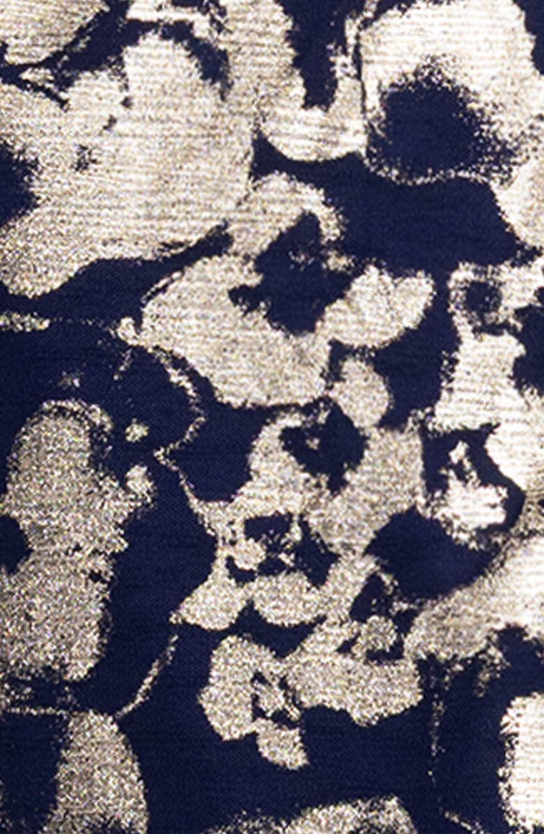 Betsy & Adam Metallic Floral Cowl Neck Sheath Gown, Alternate, color, Navy/ Gold