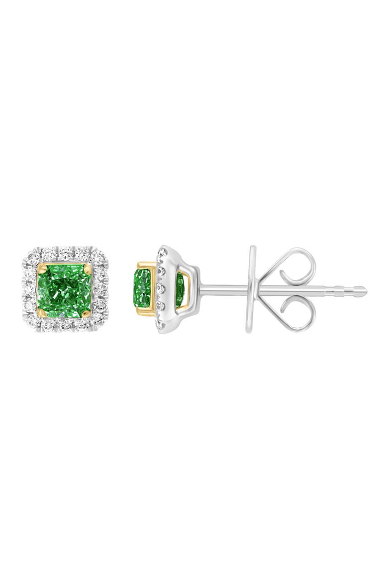 Two-Tone Diamond Halo Emerald Stud Earrings, Alternate, color, GREEN