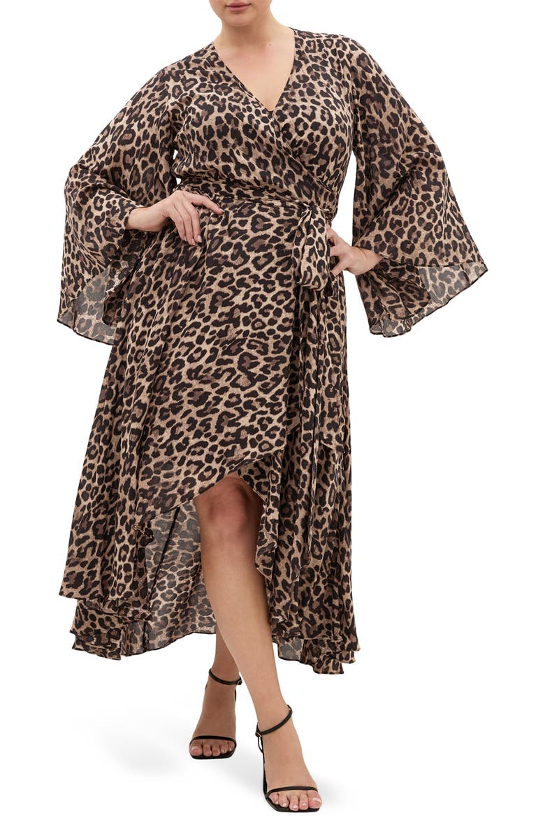 City Chic Eva Long Sleeve Wrap Maxi Dress, Main, color, Leopard