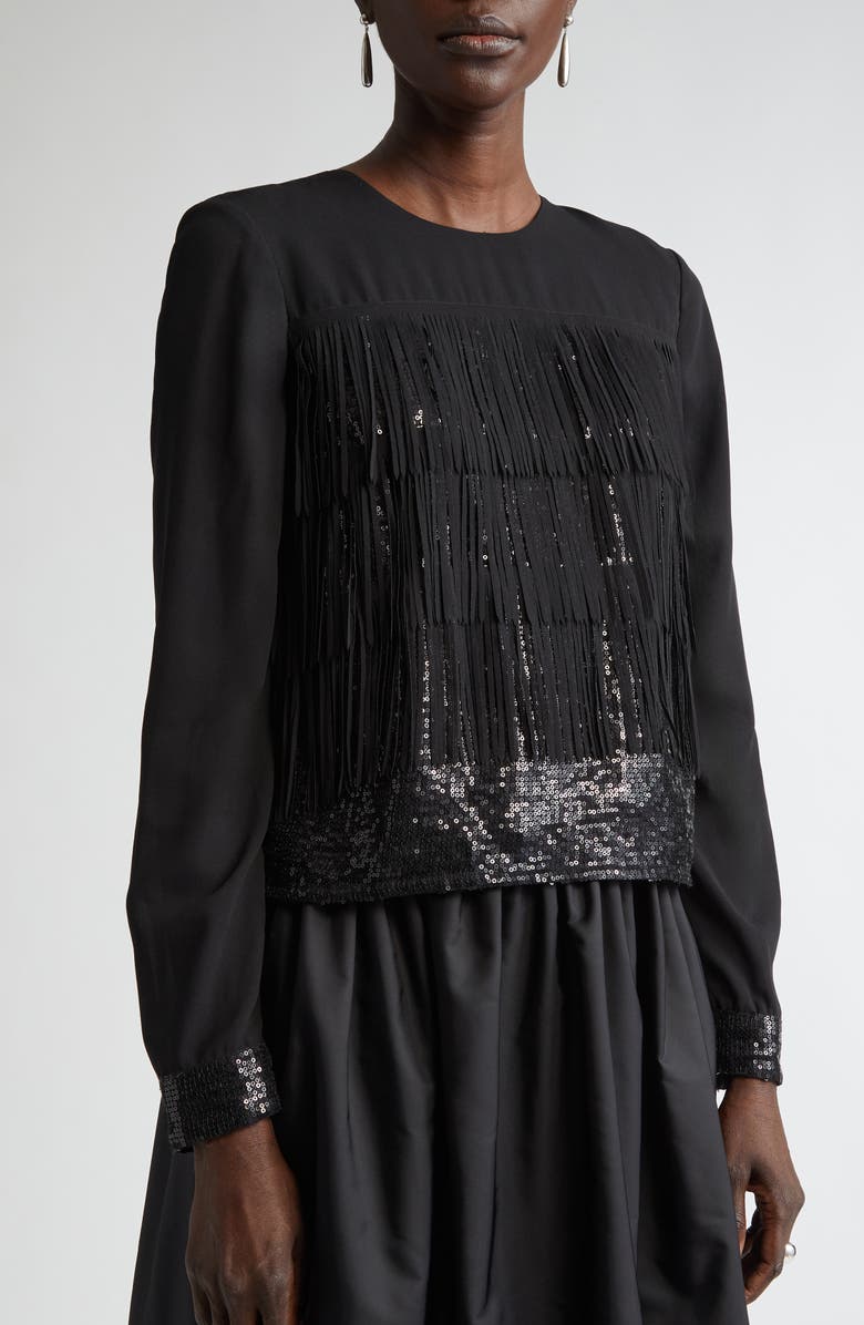 ST. JOHN Fringe & Sequin Top, Alternate, color, Black