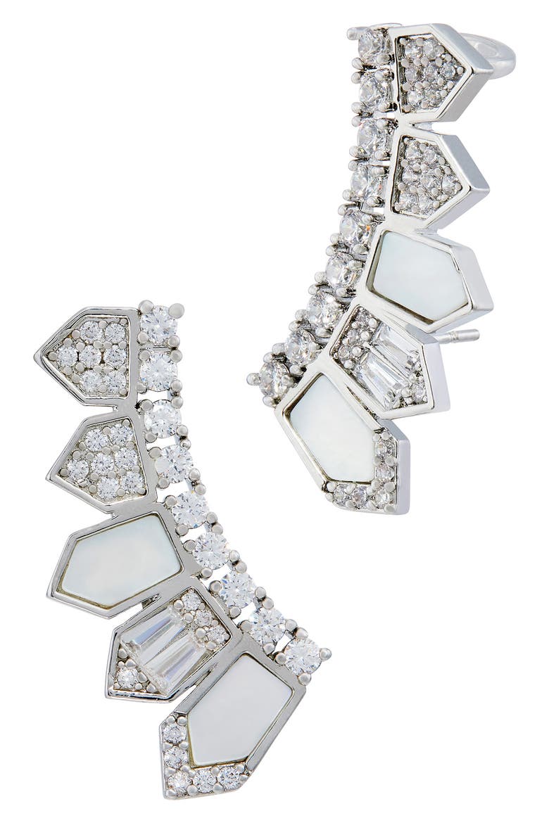 Mother of Pearl & Cubic Zirconia Crawler Earrings, Main, color, WHITE