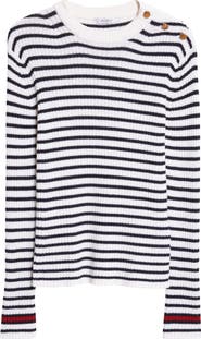 Max Mara Lari Button Detail Stripe Virgin Wool Rib Sweater