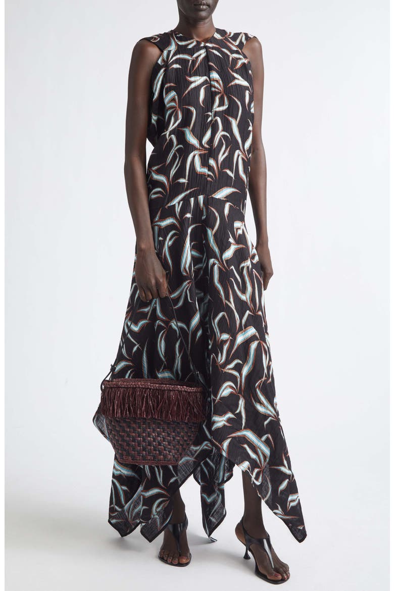 Sybella Handkerchief Hem Linen & Silk Metalassé Midi Dress, Alternate, color, BLACK