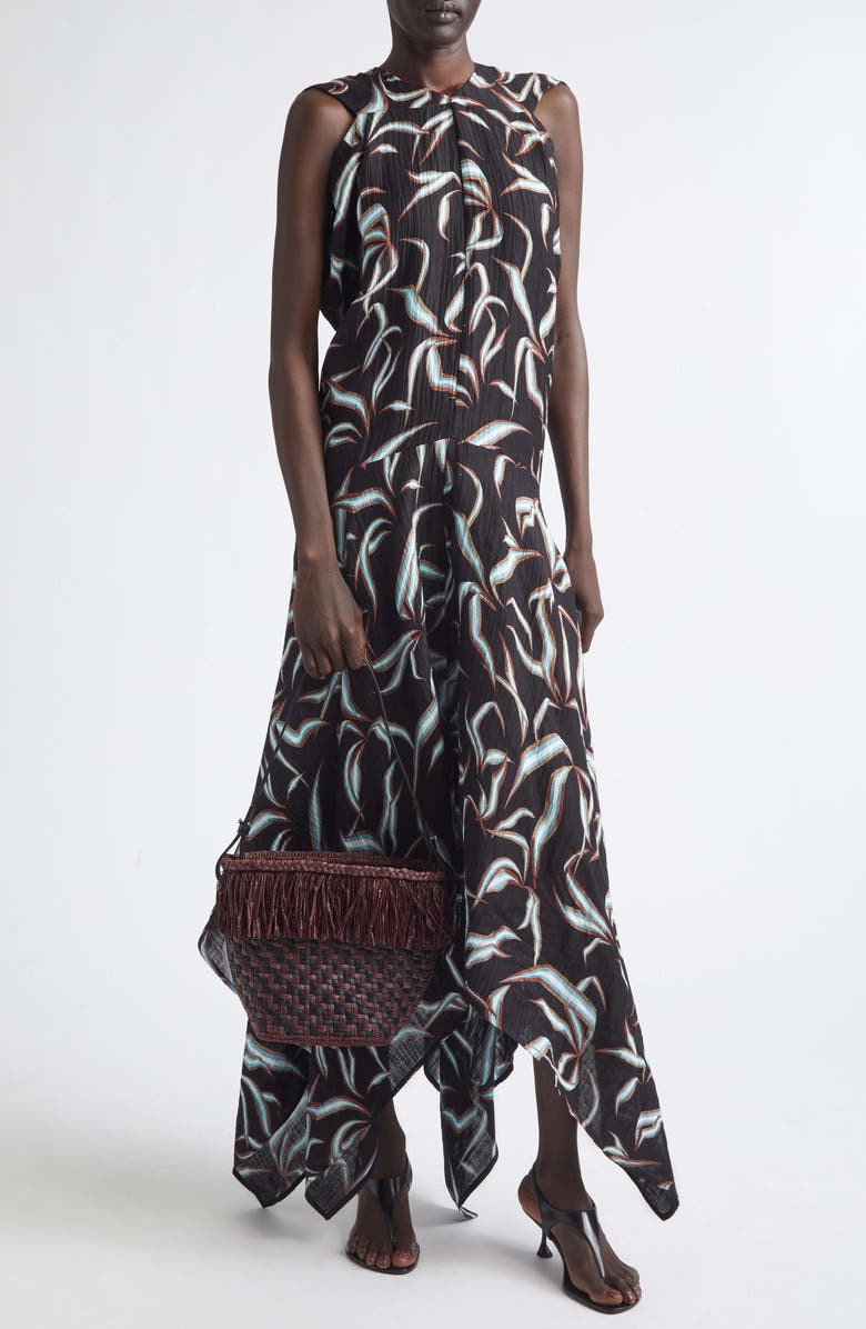 Proenza Schouler Sybella Handkerchief Hem Linen & Silk Metalassé Midi Dress, Alternate, color, Black