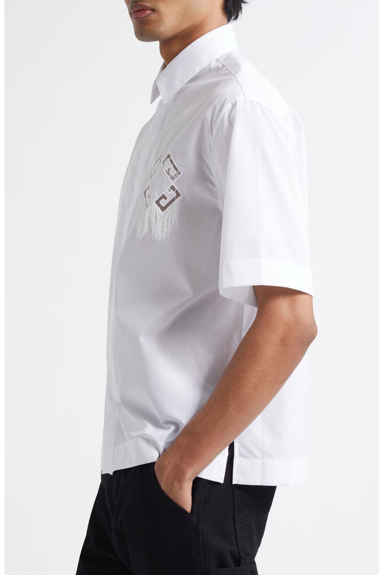 Dripping Cutout Logo Short Sleeve Cotton Button-Up Shirt, Alternate, color, WHITE
