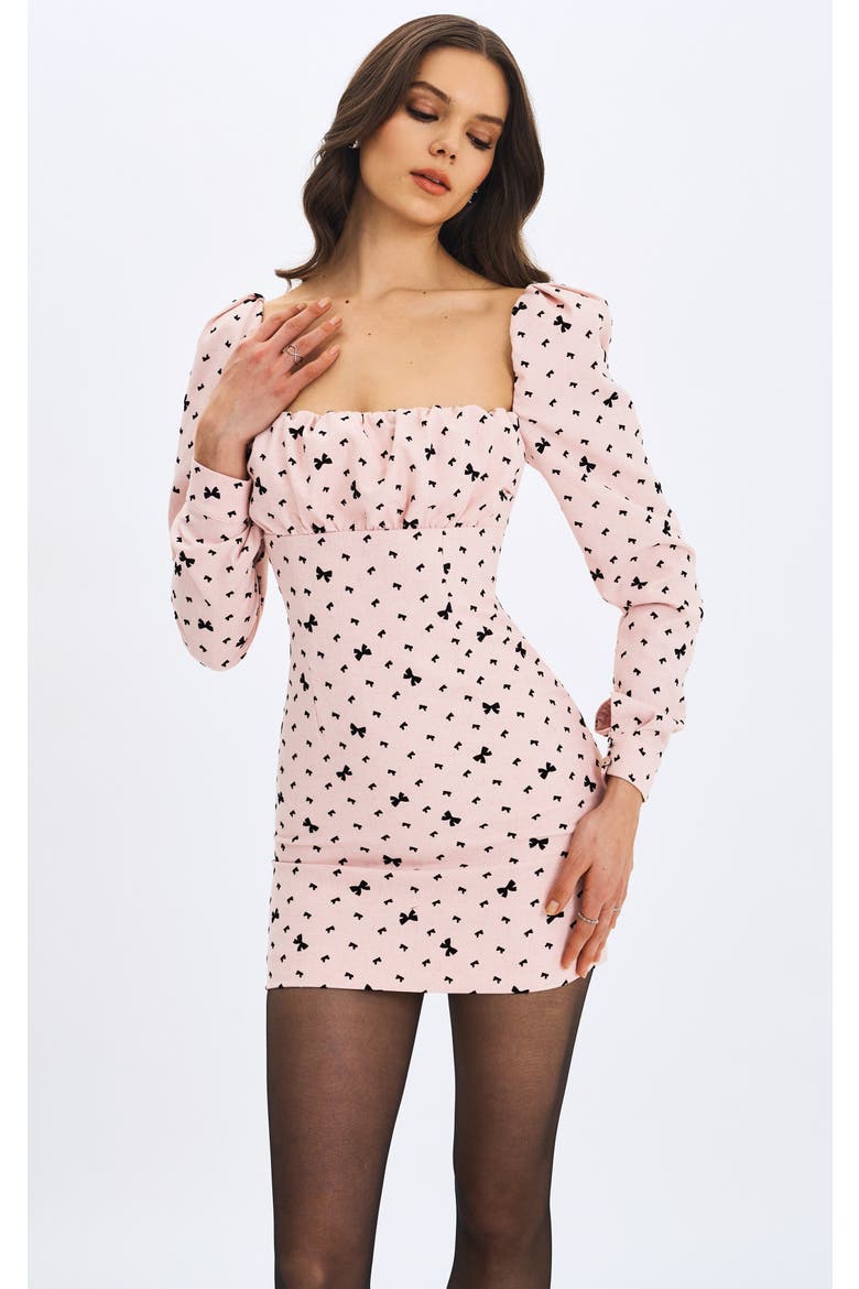 Perla Ruched Bust Velvet-Embossed Bow Mini Dress, Alternate, color, Baby Pink