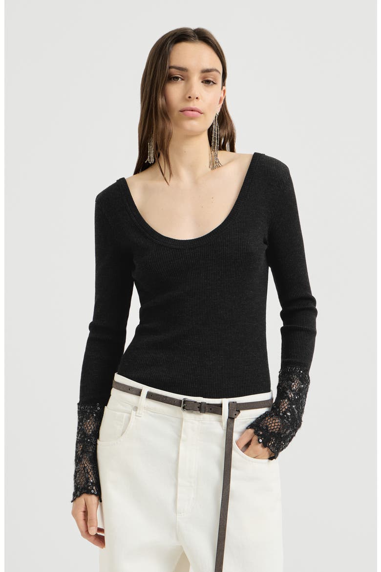 Ribbed wool jersey sweater with dazzling lace embroidery cuffs, Main, color, Anthracite