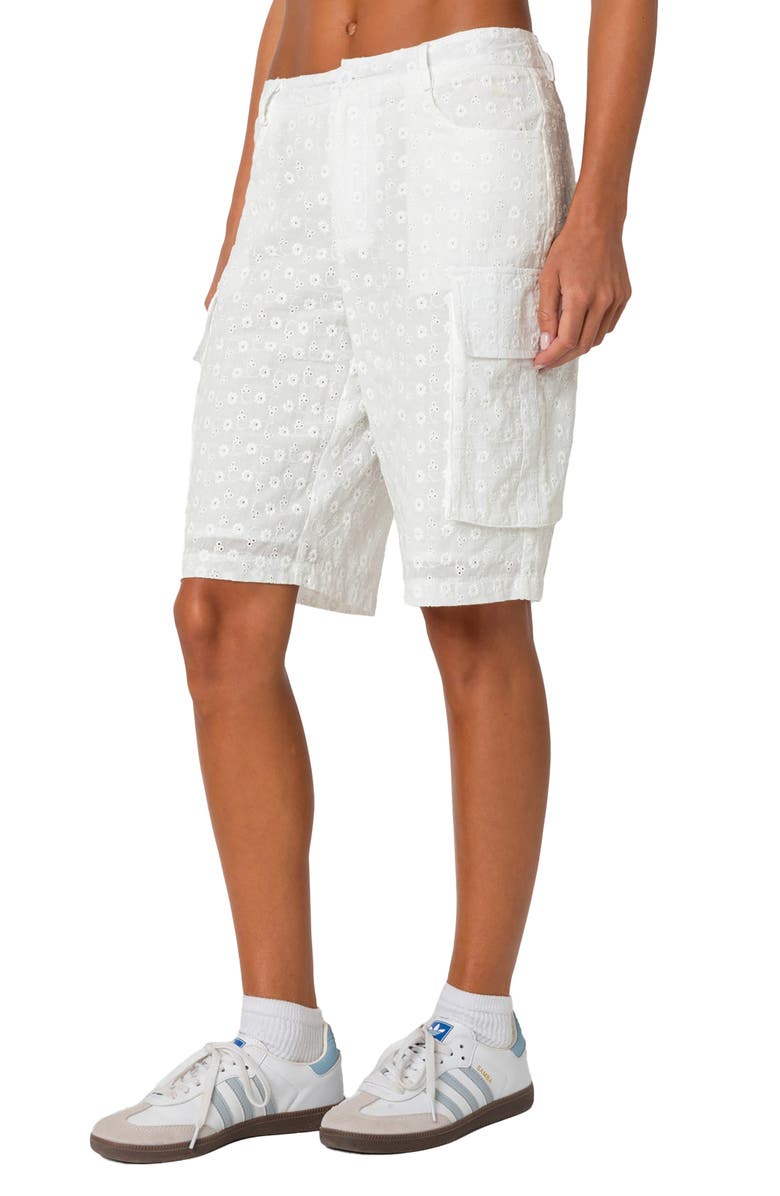 EDIKTED Eyelet Cargo Bermuda Shorts, Alternate, color, White