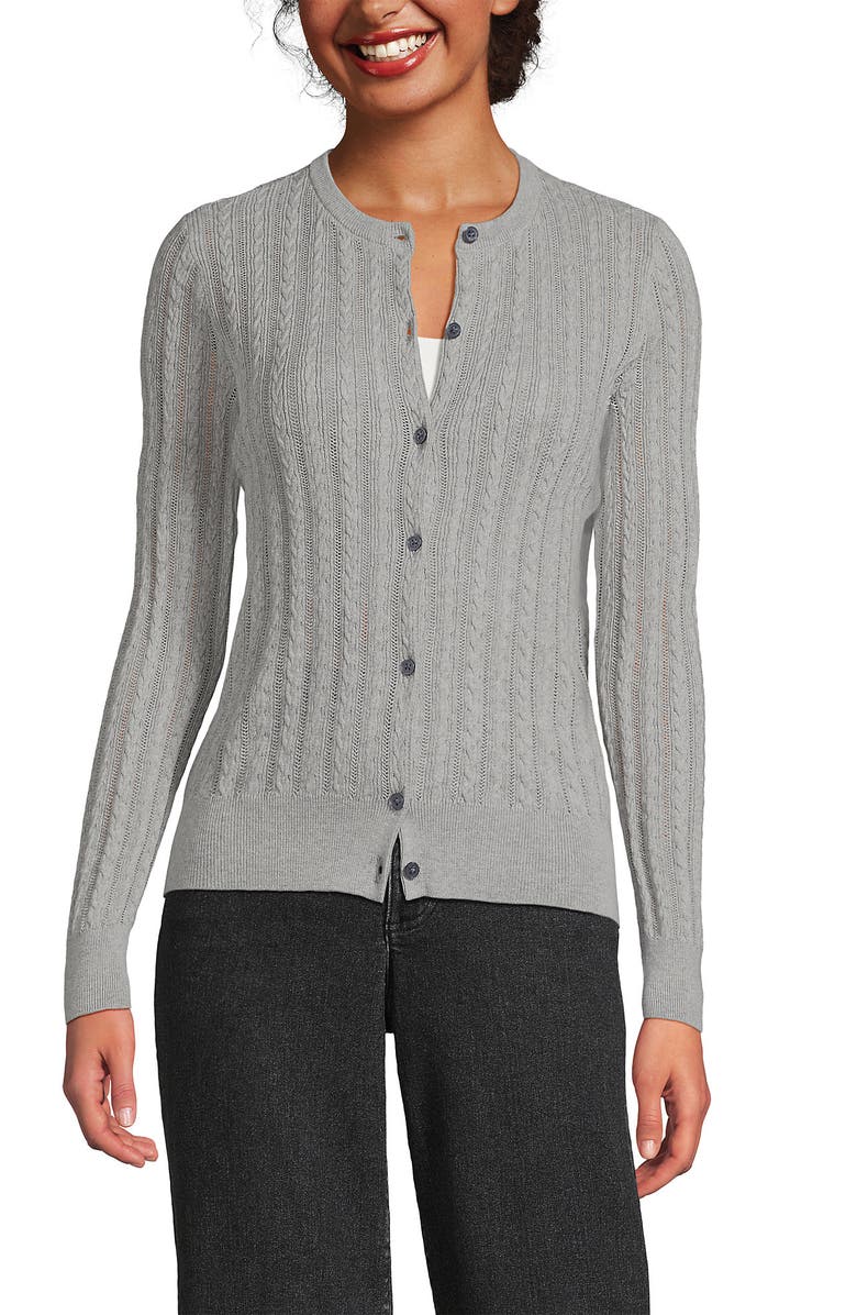 Lands' End Cotton Pointelle Modern Cardigan Sweater, Main, color, Gray Heather