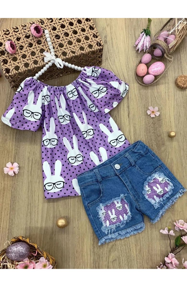 Mia Belle Girls Girls Smart Bunnies Polka Dot Denim Shorts Set, Alternate, color, Purple