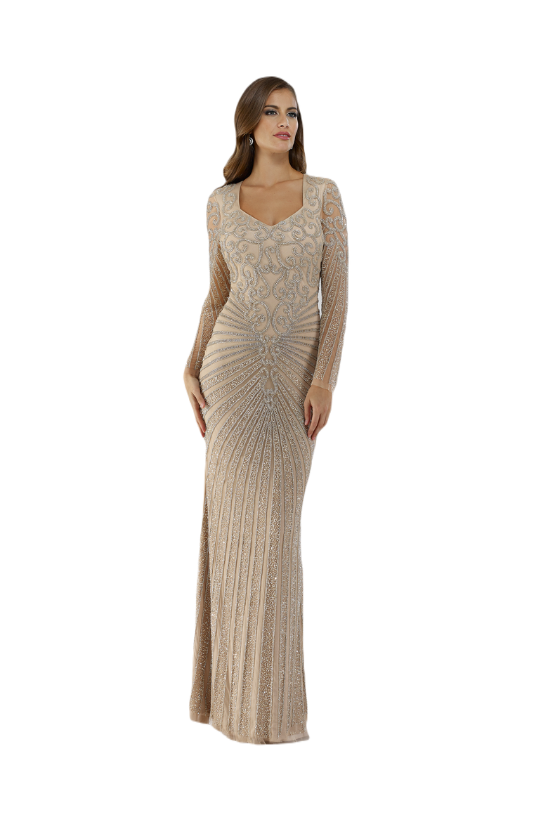 V-Neck Beaded Long Sleeve Dress, Main, color, Nude