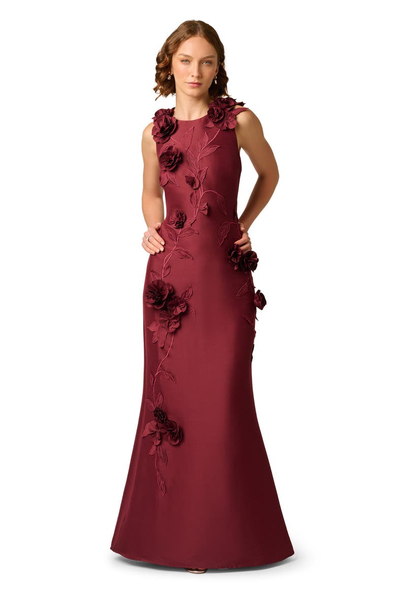 Floral Appliqué Stretch Mikado Gown, Alternate, color, MAHOGANY