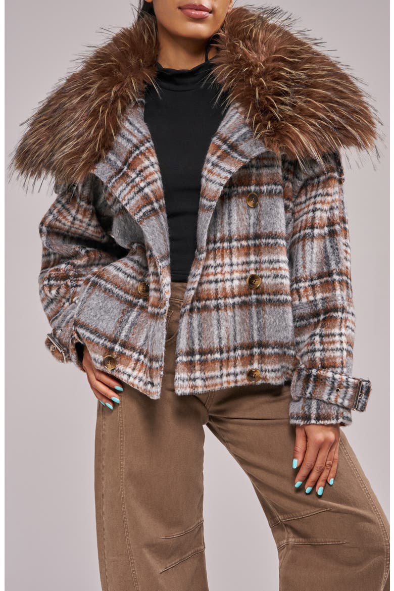 Linnea Plaid Bomber Jacket with Faux Fur Trim, Alternate, color, GREY MULTI