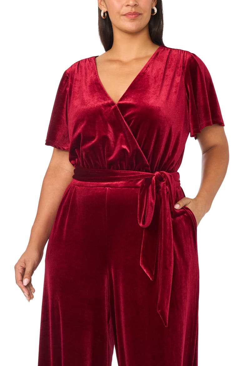 Flutter Sleeve Surplice Velvet Jumpsuit, Alternate, color, CRISP MERLOT