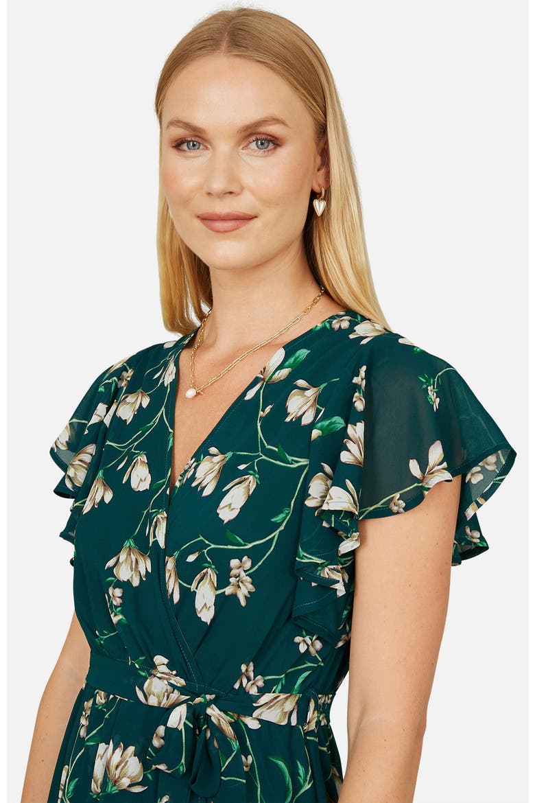 Floral Frill Hem Wrap Midi Dress, Alternate, color, Green