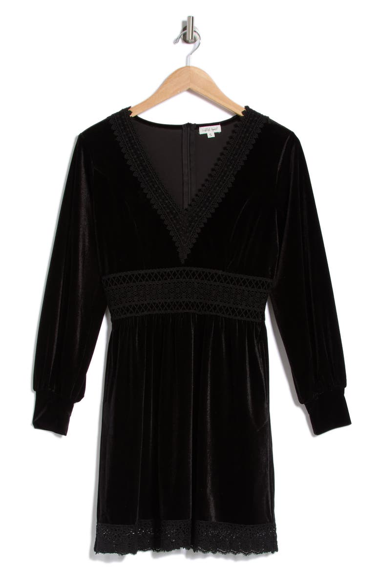 Lace Trim Long Sleeve Velvet Dress, Alternate, color, BLACK