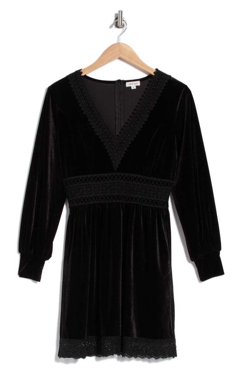 WISHLIST Lace Trim Long Sleeve Velvet Dress, Alternate, color, Black