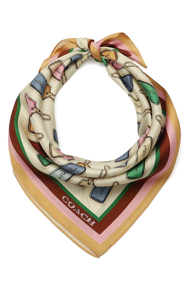 COACH Leather Hang Tag Silk Scarf, Alternate, color, Chalk Multi