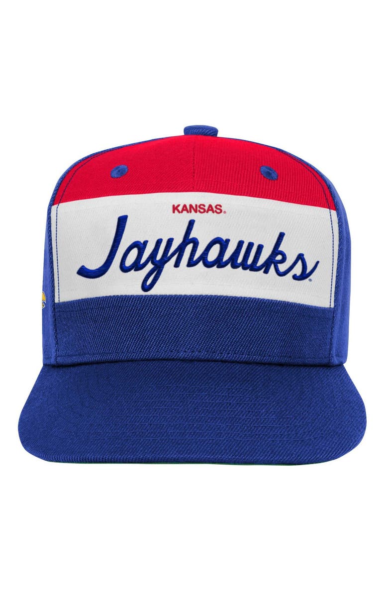 Mitchell & Ness Youth Mitchell & Ness White/Royal Kansas Jayhawks Retro Sport Color Block Script Snapback Hat, Alternate, color, 