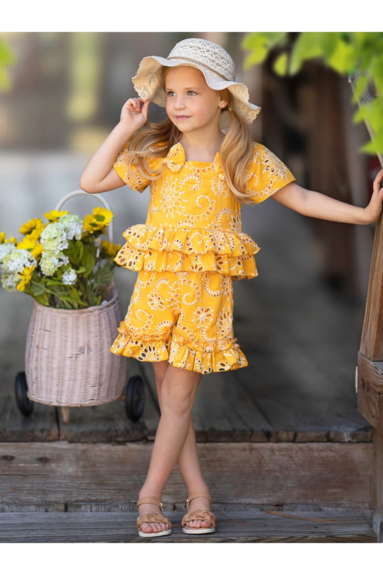 Golden Bloom Eyelet Puff Sleeve Top and Ruffle Girls Shorts Set, Alternate, color, Yellow