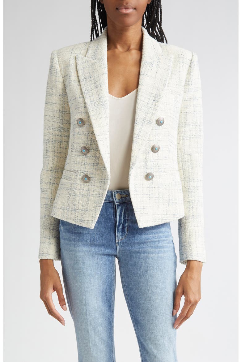 Brooke Double Breasted Tweed Blazer, Main, color, VINTAGE WHITE/ BLUE CHECK