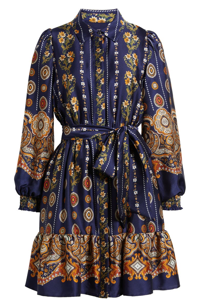 Anne Klein Medallion Print Long Sleeve Tie Waist Shirtdress, Alternate, color, Distant Mountain Multi