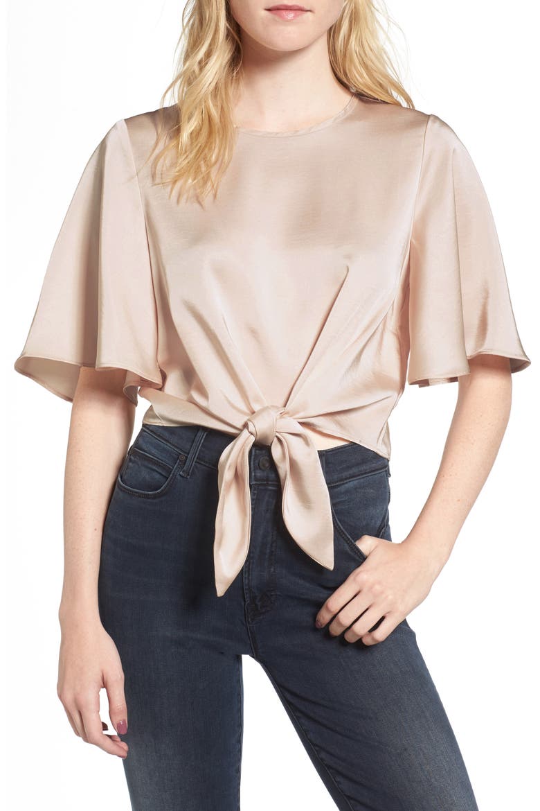 Vero Tie Front Satin Blouse, Main, color, CREAM