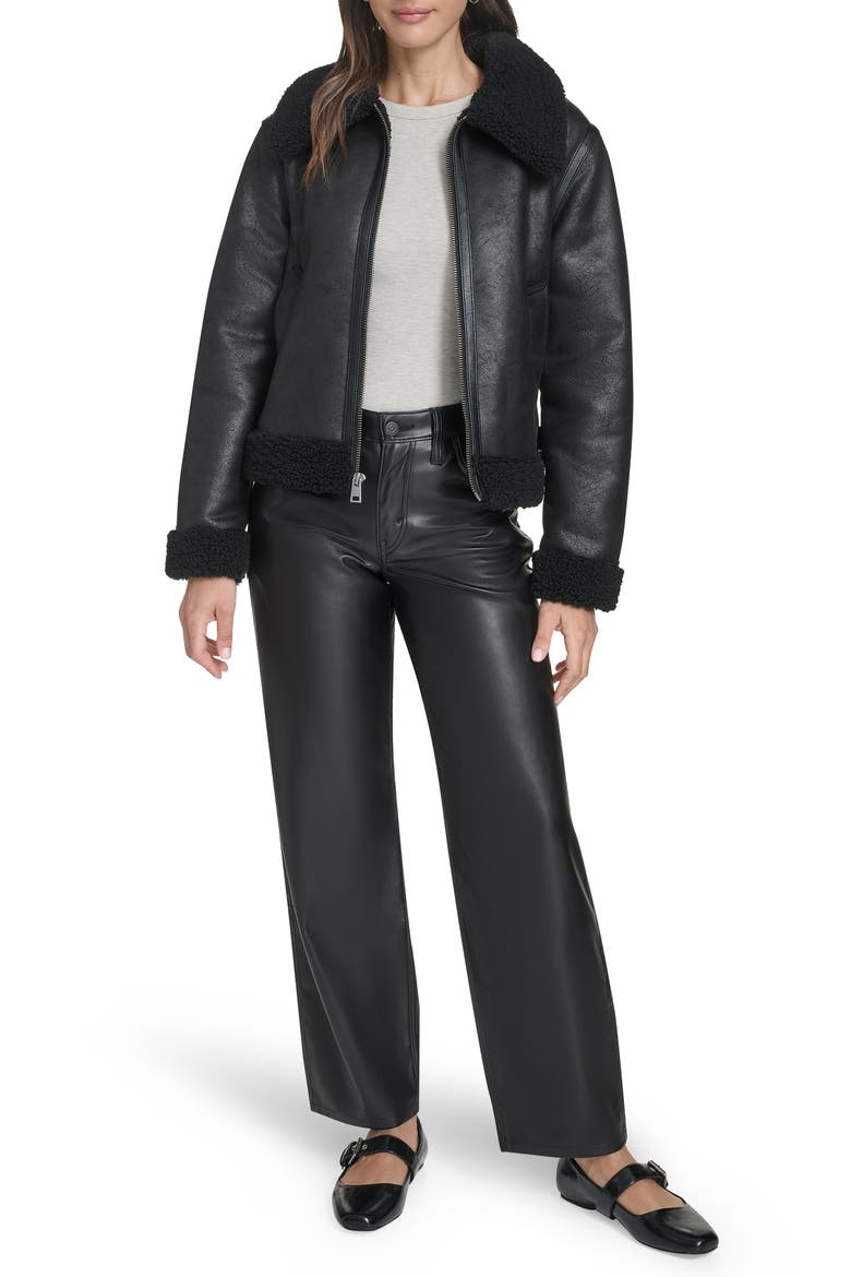Faux Leather & Faux Shearling Bomber Jacket, Alternate, color, BLACK