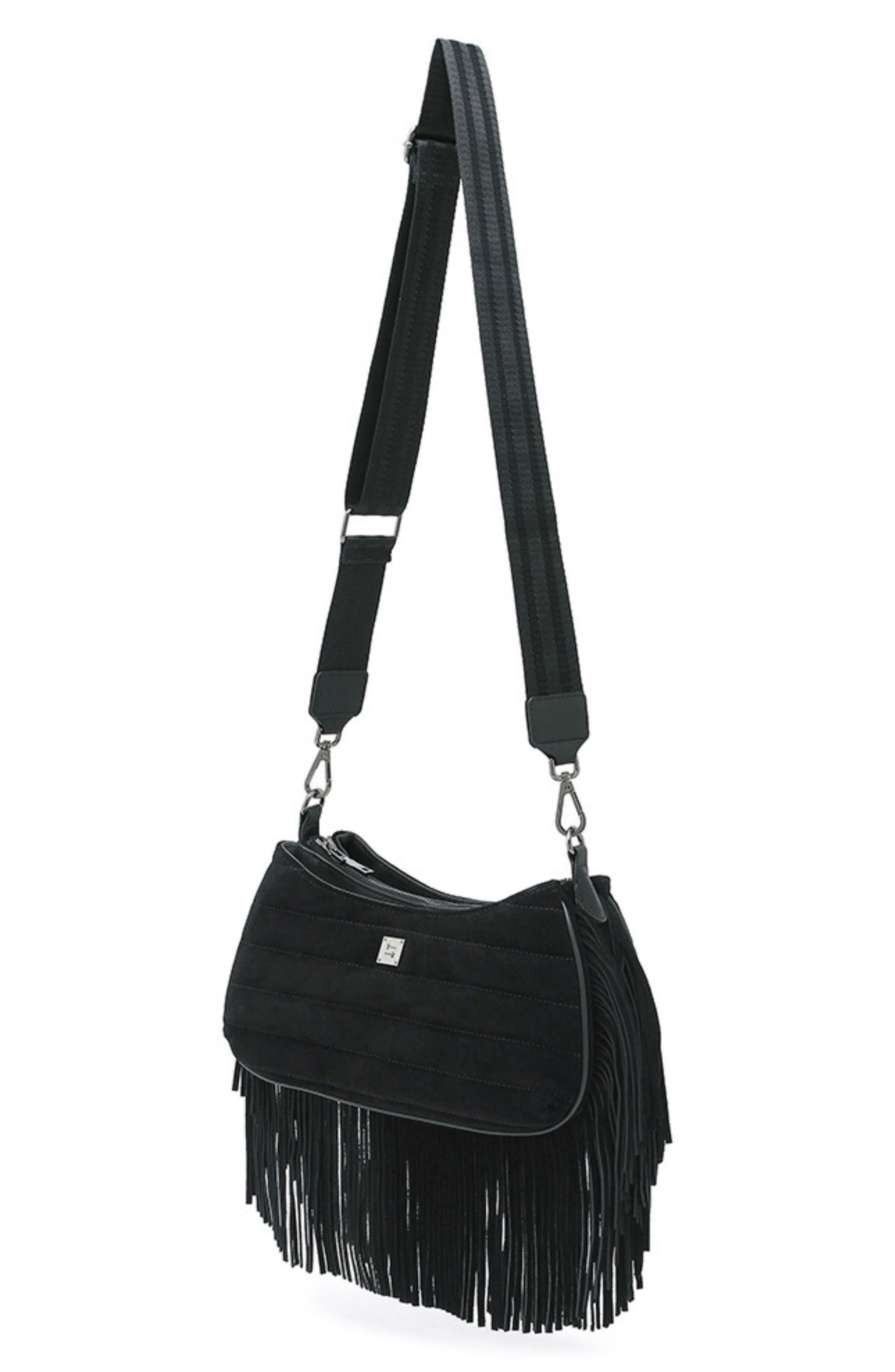 Maverick Fringe Leather Crossbody Bag, Alternate, color, BLACK SUEDE
