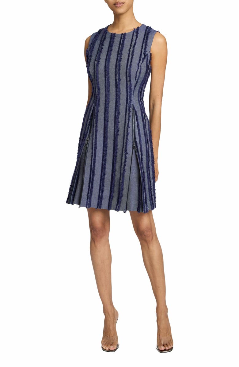 Santorelli IDA Sleeveless Shift Dress with Skirt Zipper Detail in Stripe Fringed Denim, Alternate, color, Marine Blue
