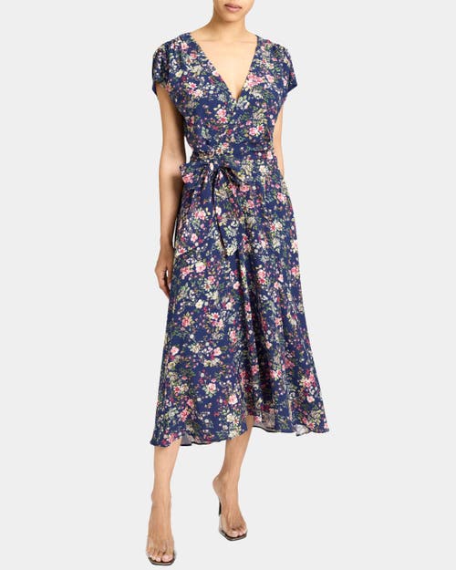 Santorelli Talia Cap Sleeve Midi Dress In Stretch Floral Print In Blue