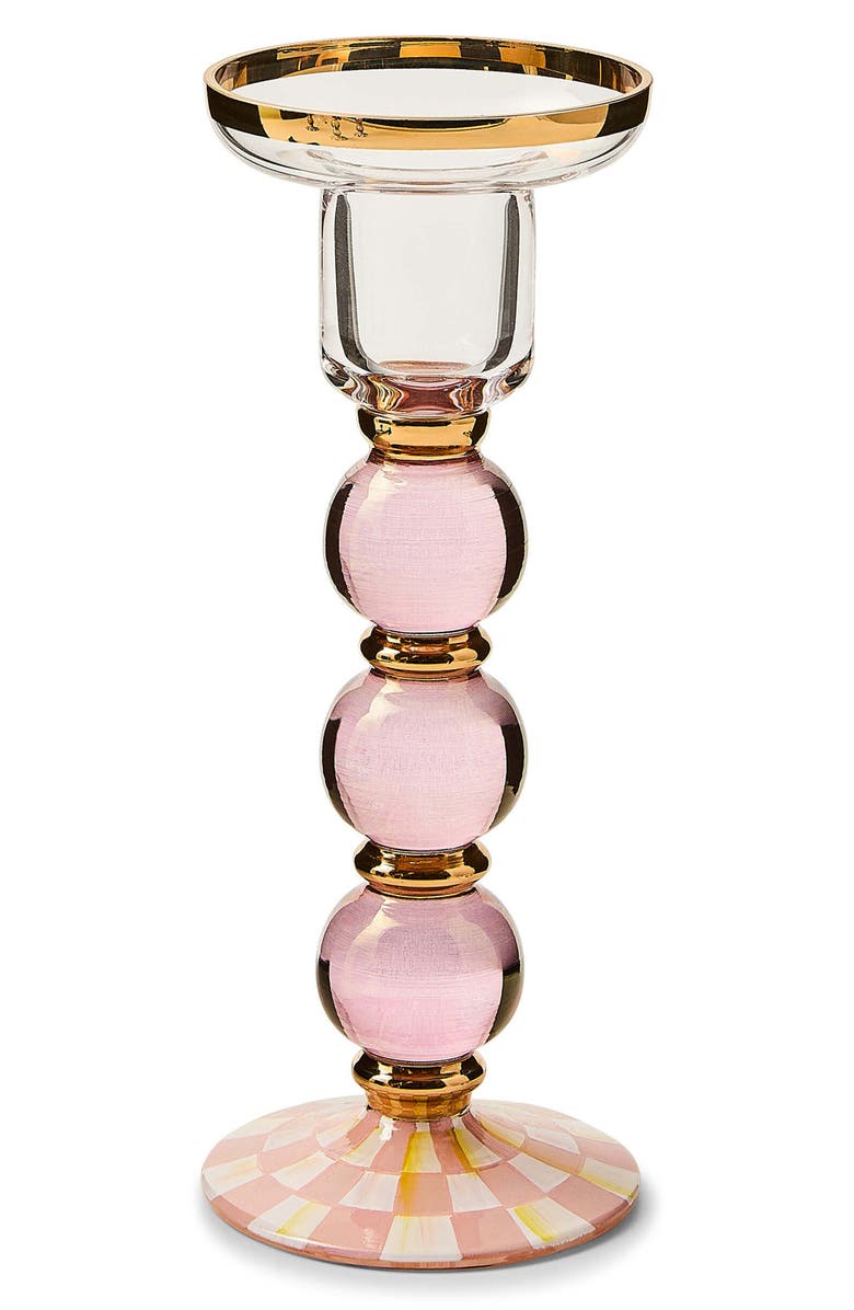 MACKENZIE CHILDS Rosy Check Large Glass Candleholder, Main, color, Rosy