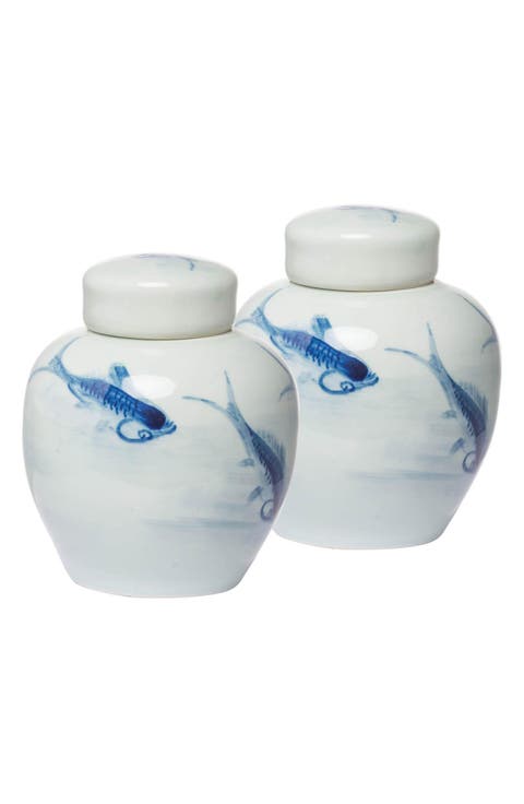 Set of Two Koi Porcelain Lidded Jars