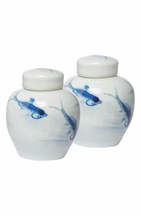 Set of Two Koi Porcelain Lidded Jars