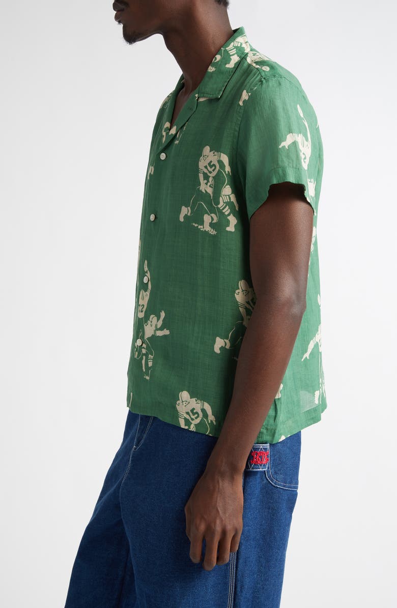 Bode Football Jacquard Linen Button-Up Shirt, Alternate, color, Green Cream