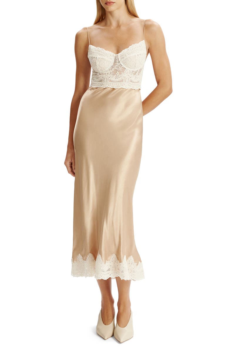 Bardot Tzariana Satin & Lace Camisole Midi Dress, Main, color, Golden