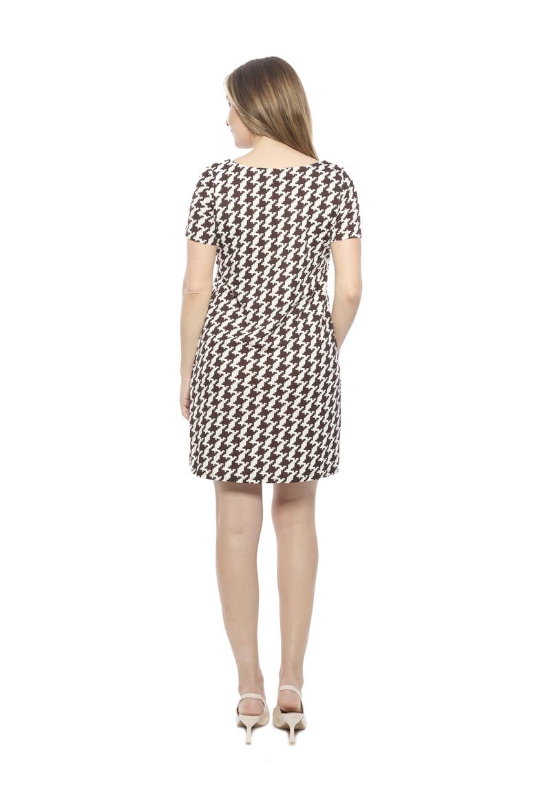 Womens Geometric Short Sleeve Round Neck Mini Shift Dress, Alternate, color, Brown Multi