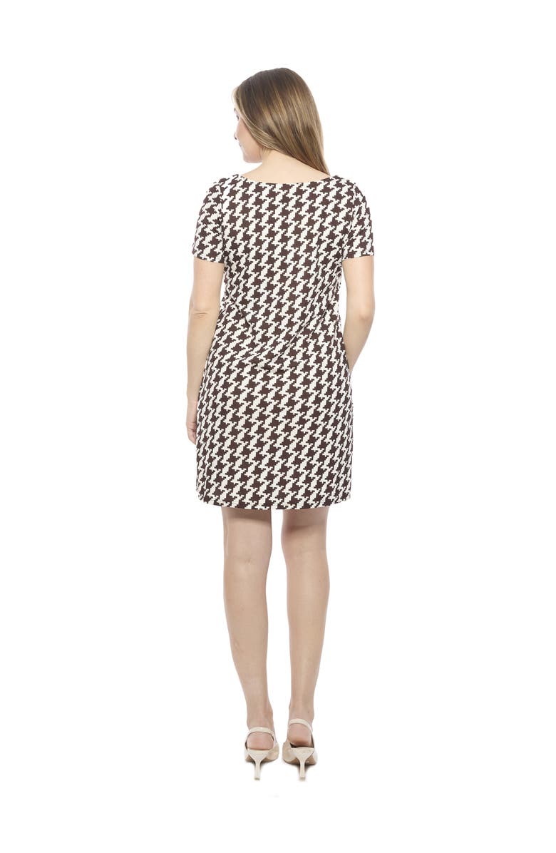 24seven Comfort Apparel Womens Geometric Short Sleeve Round Neck Mini Shift Dress, Alternate, color, Brown Multi