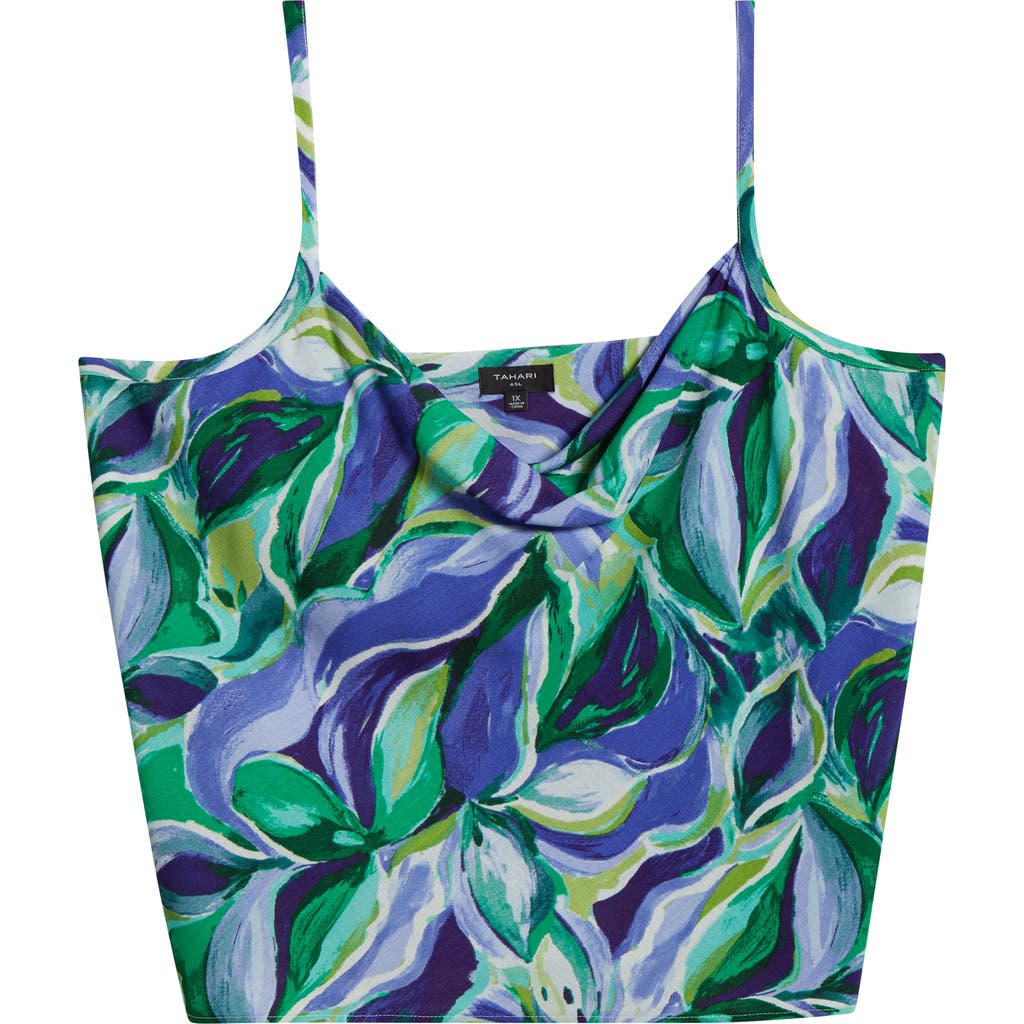 Tahari Asl Tropical Print Satin Camisole In Pacific Blue Floral