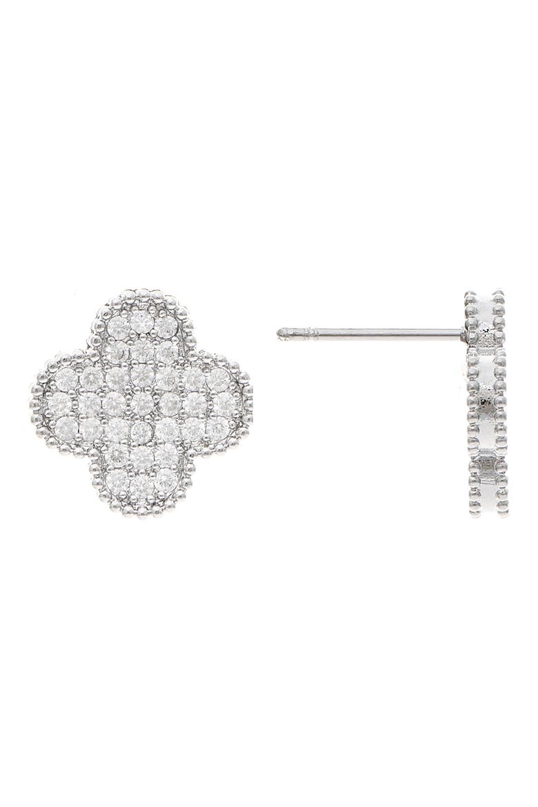 Pavé Cubic Zirconia Clover Stud Earrings, Main, color, WHITE RHODIUM