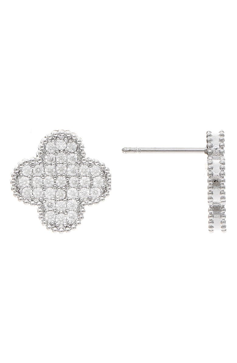 RIVKA FRIEDMAN Pavé Cubic Zirconia Clover Stud Earrings, Main, color, White Rhodium