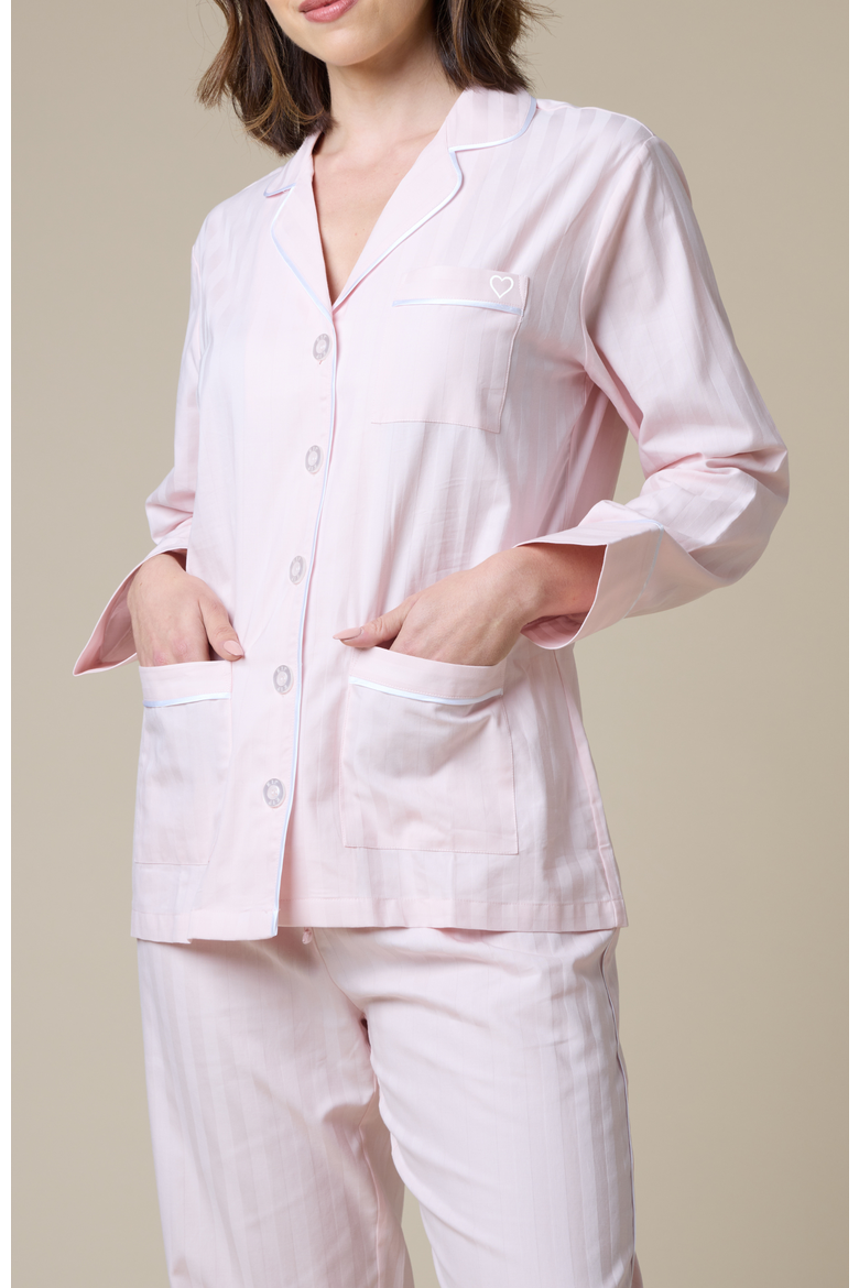 Heart Embroidered Cotton Long Pajama Set, Alternate, color, Pink Peony